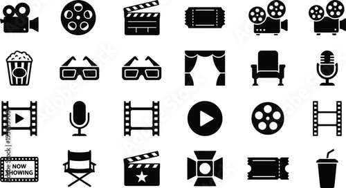 Collection of vintage and modern cinema icons representing filmmaking and movie watching experiences