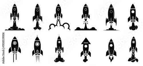 Rocket Launch Silhouette Icon Set for Space Exploration, Startup Growth, Aerospace Technology, Spaceship Liftoff, Innovation Mission, Minimal Vector Symbols