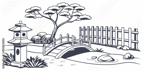 A serene landscape with a bamboo fence and trees by a calm water body Vector