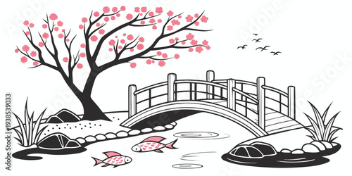 A serene park scene with a bridge over a tranquil pond surrounded by trees and flowers Vector