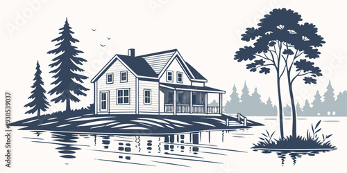 A serene countryside house with a large garden and trees in the background. Vector