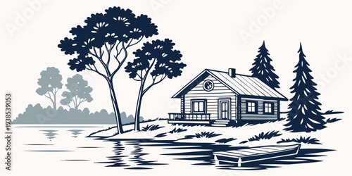 A serene countryside scene with a quaint house surrounded by lush trees Vector