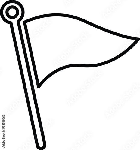Minimalist black and white line drawing of triangular flag on pole with circular finial, symbolizing achievement, location marking, signaling, and representation concept design