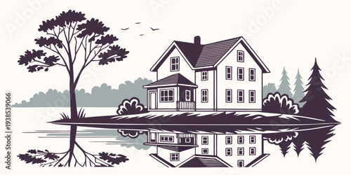 A picturesque village nestled in a serene valley surrounded by lush trees and mountains Vector