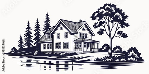 A charming house nestled in a serene woodland setting with a tranquil lake nearby Vector