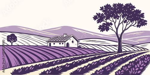 A serene landscape of rolling hills and a winding path through a vineyard under a clear sky Vector