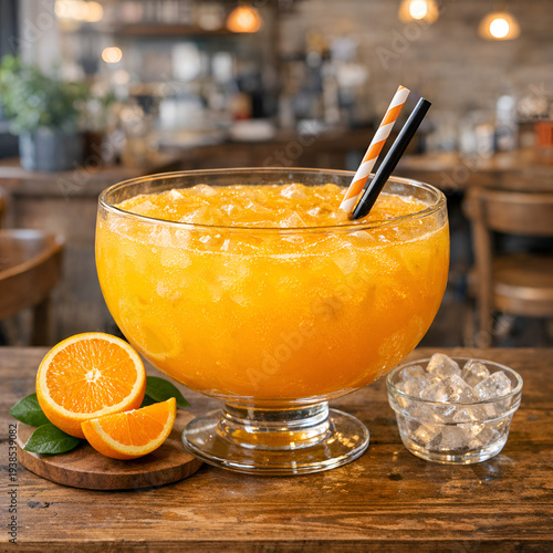 Fresh orange juice in a crystal glass with an orange slice in a luxury breakfast setting, glass of orange juice and orange, A glass of orange juice on the table, sunlight streaming through
