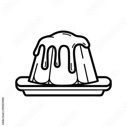 Minimalist Line Art of Flan Pudding with Caramel Drip - Vector Coloring Page Illustration