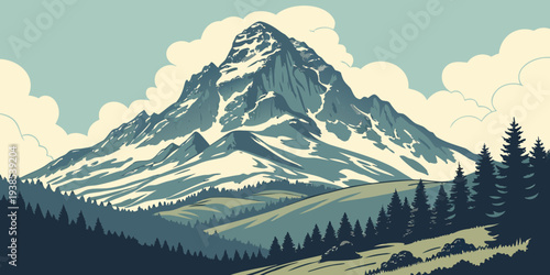 Majestic mountain peak towering above a lush green forest under a clear blue sky Vector