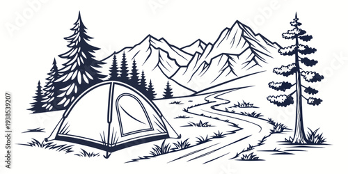 A serene campsite nestled in the heart of a majestic mountain range with a tent and campfire Vector