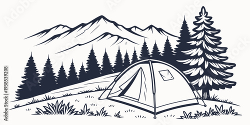 A serene winter landscape with snow-covered mountains and a small cabin nestled among tall pine trees Vector