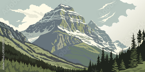 Majestic mountain range with snow-capped peaks and lush green valley below. Vector