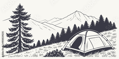 A serene campsite nestled in the mountains with a tent and trees Vector
