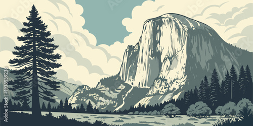 Majestic mountain landscape with a serene lake and towering cliffs under a clear blue sky. Vector