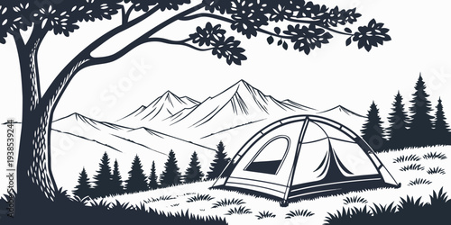 A serene campsite nestled in a dense forest with a majestic mountain in the background. Vector