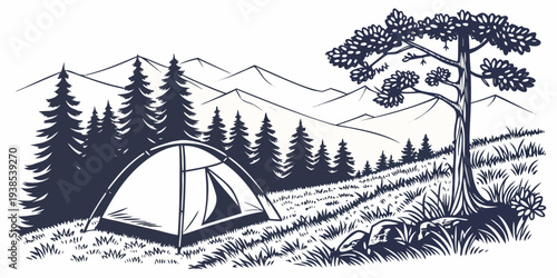 A serene campsite nestled in a lush forest with a clear sky above. Vector