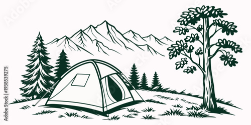 A serene campsite nestled in a lush forest with towering mountains in the background Vector