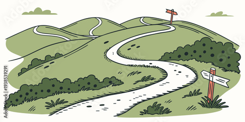 A winding path through a lush, green landscape with a small house nestled in the distance Vector