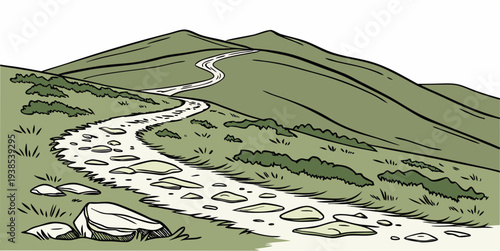 A winding path leads through a lush, green landscape with rolling hills and scattered trees. Vector