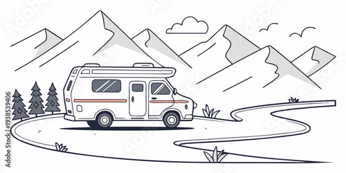 A vintage camper van parked near a serene mountain lake with a scenic view Vector