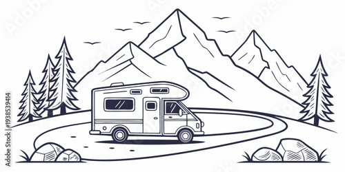 A vintage caravan parked in front of a majestic mountain range with a clear blue sky. Vector