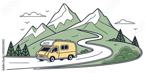A vibrant illustration of a campervan parked near a picturesque mountain landscape Vector