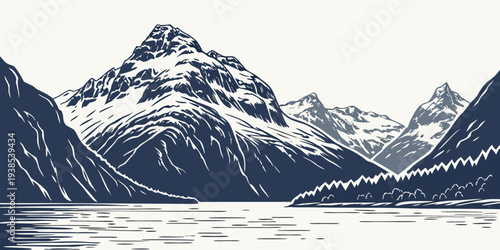 Majestic snow covered mountains rise above a tranquil lake in a breathtaking landscape Vector