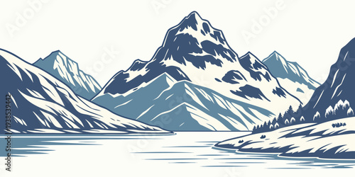 Majestic snow-capped mountains reflected in a serene, tranquil lake Vector