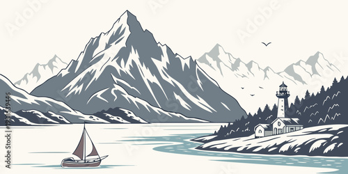 Majestic mountains reflected in a serene alpine lake with a small boat Vector