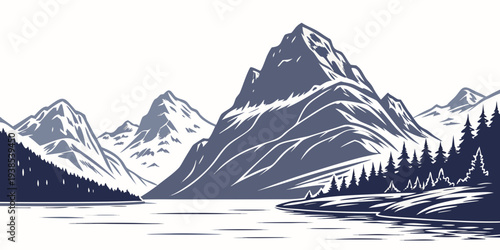 Majestic mountain range with snow-capped peaks and a serene valley below Vector