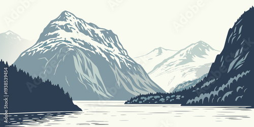 Majestic snow-capped mountains reflected in a serene alpine lake Vector