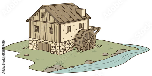 A quaint house with a thatched roof situated on a small island surrounded by water Vector