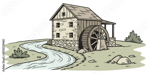 A picturesque old mill house nestled beside a serene river, surrounded by lush greenery. Vector