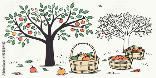 A serene autumn scene with a tree, pumpkins, and a basket of apples Vector