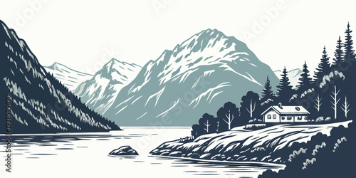 Majestic snow-covered mountains tower over a serene, frozen landscape with a small cabin nestled in the valley. Vector