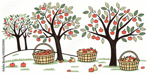 A picturesque autumn scene with houses nestled among colorful trees and a clear blue sky. Vector