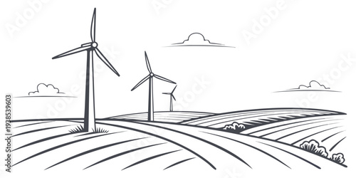 Wind turbines generating clean energy in a vast green field under a blue sky Vector