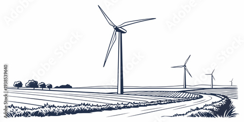 Wind turbines generating clean energy on a hillside landscape with a village in the background. Vector