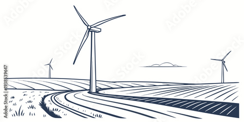 Wind turbines and solar panels generating renewable energy in a green landscape Vector