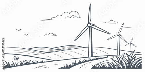 Wind turbines generating clean energy in a vast open field with birds flying overhead. Vector