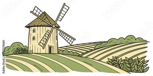 A picturesque windmill standing tall in the middle of a vast green field. Vector
