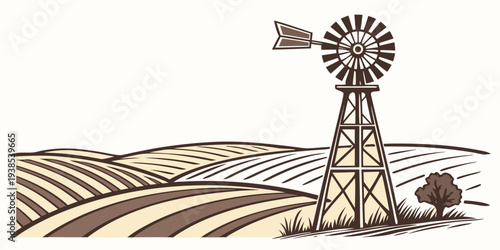A vintage windmill stands tall in a field of golden wheat under a clear blue sky Vector