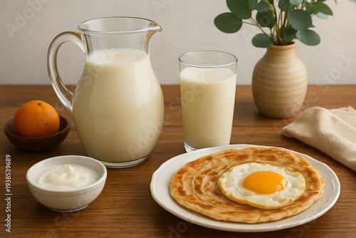 curdling soymilk with lemon juice or vinegar, Fresh cow s milk. On a wooden background, Fresh dairy products, milk, cottage cheese, eggs, yogurt, sour cream and butter on wooden table


