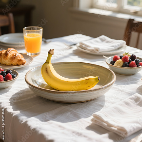 Oatmeal porridge with cottage cheese, cocoa and banana on dark wooden background. Healthy breakfast, a banana sitting on a white plate on a table, recommended foods to eat on an empty stomach to boo

