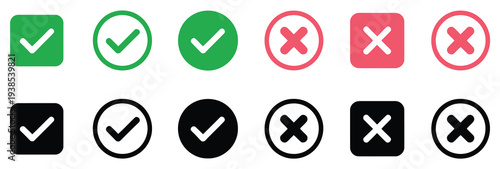 Check mark icon set with green check mark and red cross mark symbols, green tick and red X sign representing approval and decline