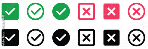 Check mark icon set with green check mark and red cross mark symbols, green tick and red X sign representing approval and decline, confirmation and rejection concept vector