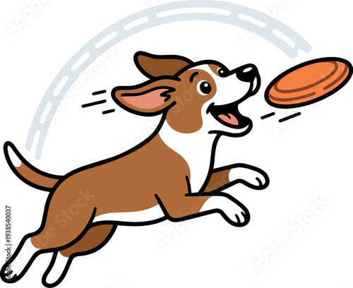 Cartoon vector close up playful corgi leaping to catch orange frisbee midair with joyful expression on white background dynamic motion lines