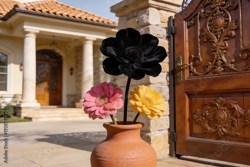 A bouquet of vibrant peonies in shades of pink, white, and red placed in a glass vase, Bouquet of beautiful bright gerbera flowers in vase, Colorful artificial flowers in a glass vase 

