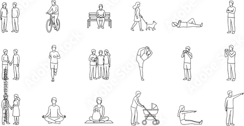 Twenty human activity silhouette illustration set, people everyday actions, social interaction vector art, black design collection, lifestyle concept illustration