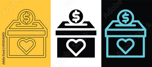 Donation box icons with heart and dollar symbol